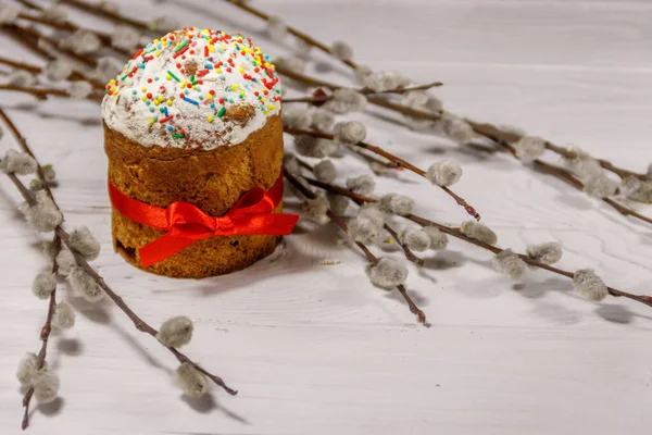 Easter Cakes Pussy Willow Branches White Wooden Table — Stock Photo, Image