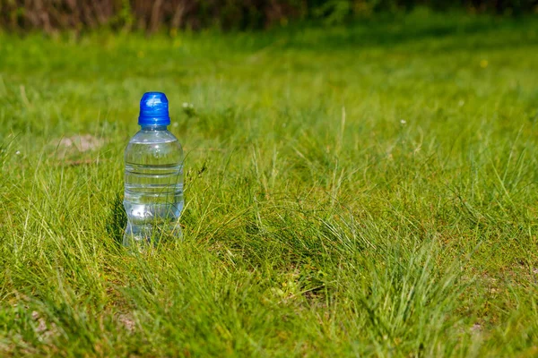 Plastikowa Butelka Świeżą Wodą Pitną Zielonej Trawie Łące — Zdjęcie stockowe