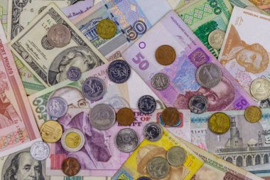 Farklı ülkelerden banknot ve madeni paraların arka planı