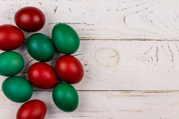 Painted Easter Eggs White Wooden Background Top View Copy Space — Stock Photo, Image