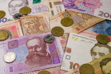 Ukrayna para birimi. Farklı Ukrayna Hryvnia para ve sikkelerinin arkaplanı