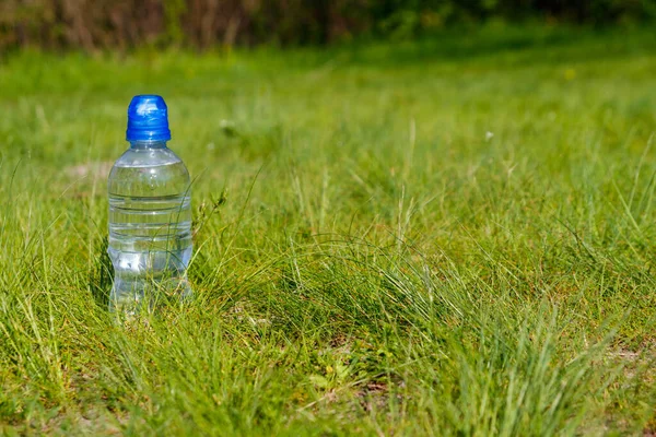 Garrafa Plástico Com Água Potável Fresca Grama Verde Prado — Fotografia de Stock