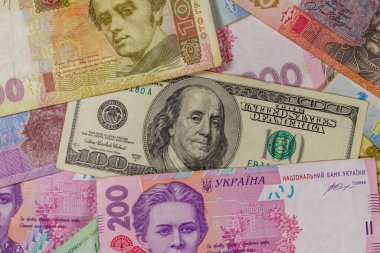Ukrayna Hryvnia banknotlarının arka planında 100 dolarlık banknot