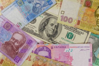 Ukrayna Hryvnia banknotlarının arka planında 100 dolarlık banknot