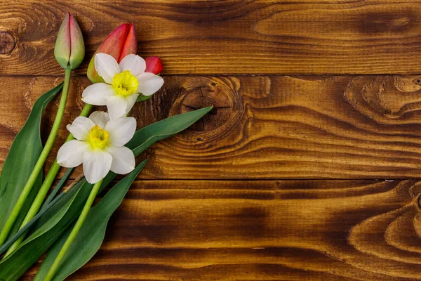 Ramo Narcisos Tulipanes Rojos Sobre Fondo Madera Tarjeta Felicitación Para — Foto de Stock