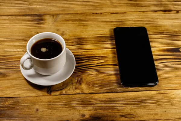 Cup Coffee Smartphone Wooden Table — Stock Photo, Image