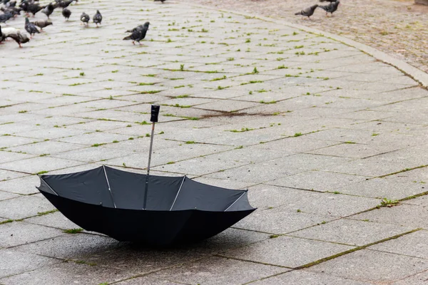 Geopende Zwarte Paraplu Liggend Een Trottoir — Stockfoto
