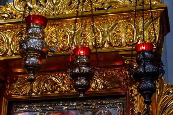 Pendurado Ícone Lâmpadas Igreja Ortodoxa Atributo Igreja — Fotografia de Stock