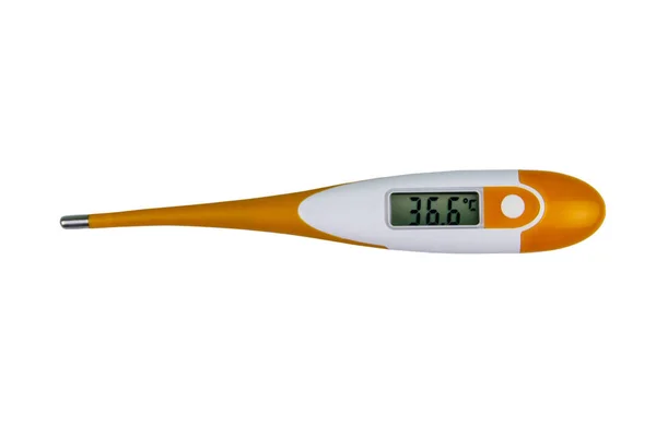 白い背景に隔離された健康な人体温度36 Cを示すデジタル医療用温度計 — ストック写真