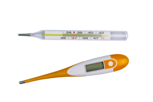 Mercury thermometer and digital thermometer isolated on white background