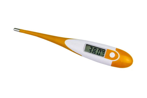Digital Medicinsk Termometer Visar Hög Feber Temperatur Isolerad Vit Bakgrund — Stockfoto