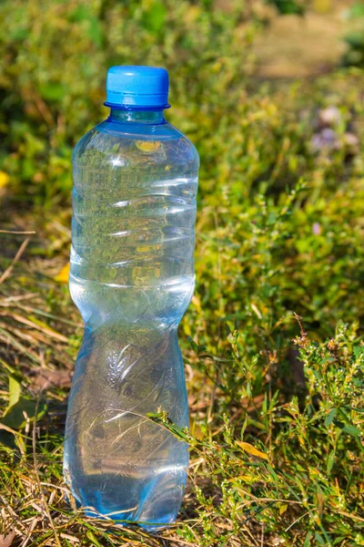 Plastikowa Butelka Wody Pitnej Ziemi Lesie — Zdjęcie stockowe