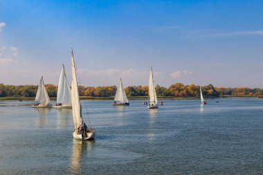 Kremenchug, Ukrayna 'daki Dinyeper Nehri' ndeki yelkenli yarışlarında yatlar