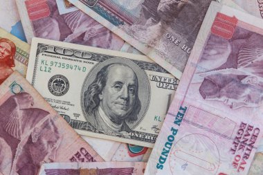 Mısır banknotlarının arka planında 100 dolarlık banknot