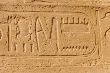 Mısır 'ın Luxor kentindeki Karnak Tapınağı Kompleksi' nin duvarında antik Mısır hiyeroglifleri var.
