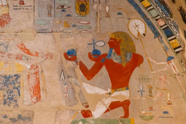Ancient egyptian painting at the Mortuary Temple of Hatshepsut in Luxor, Egypt