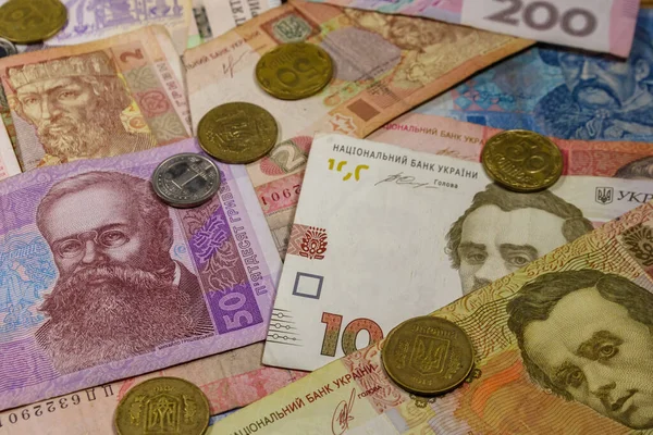 Ukrajinská Měna Pozadí Různých Ukrajinských Hřivna Bankovky Mince — Stock fotografie