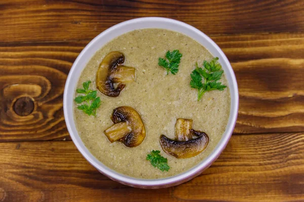 Mushroom cream soup on a wooden table. Top view — Stock Image Mushroom Cream Soup Wooden Table Top View Royalty Free Stock Photos