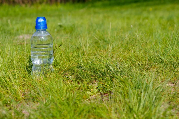 Plastikowa Butelka Świeżą Wodą Pitną Zielonej Trawie Łące — Zdjęcie stockowe