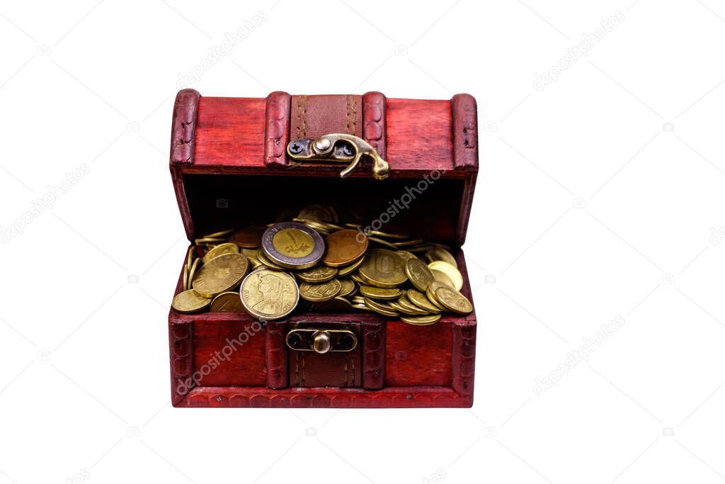 Vintage treasure chest full of golden coins isolated on white background