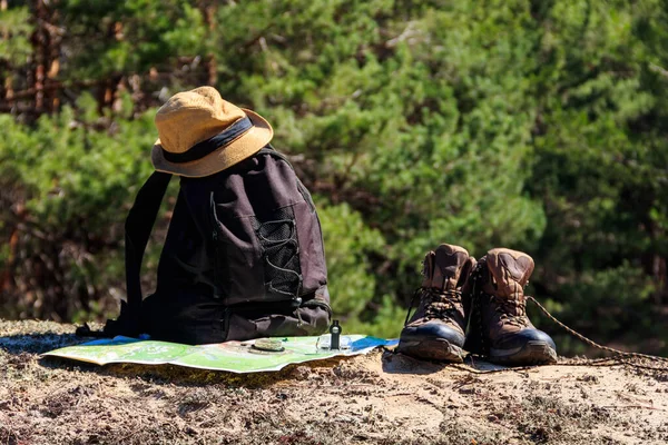Tourist Backpack Hiking Boots Hat Compass Map Glade Pine Forest — Stock Photo, Image