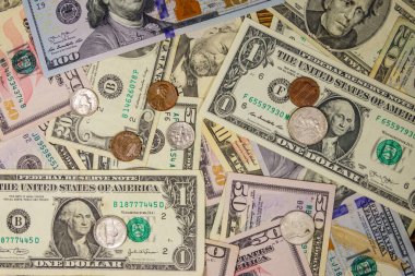 Farklı Amerikan dolarlarının geçmişi, banknotlar ve paralar.