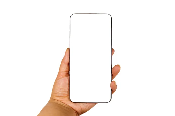 Mano Con Smartphone Moderno Aislado Sobre Fondo Blanco —  Fotos de Stock