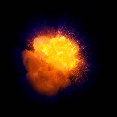 Gerçekçi yangın patlama, turuncu renk ile döküm mavi ve siyah arka plan üzerine izole sparks