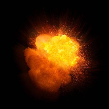 Gerçekçi yangın patlama, turuncu renk ile döküm mavi ve siyah arka plan üzerine izole sparks