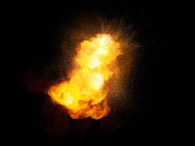 Gerçekçi ateşli bomba patlama ile kıvılcım ve duman siyah arka plan üzerine izole