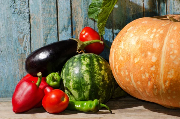 Still life of vegetables: pumpkin, watermelon, eggplant, peppers, tomatoes on the old background Stock Photo