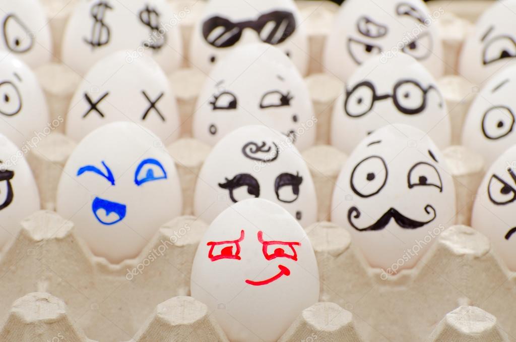 Painted eggs in tray, smiles, winks, Poirot