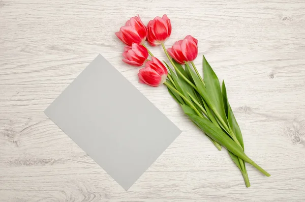 Чистый серый лист бумаги и розовые тюльпаны на светлом деревянном фоне. вид сверху, место для текста — стоковое фото