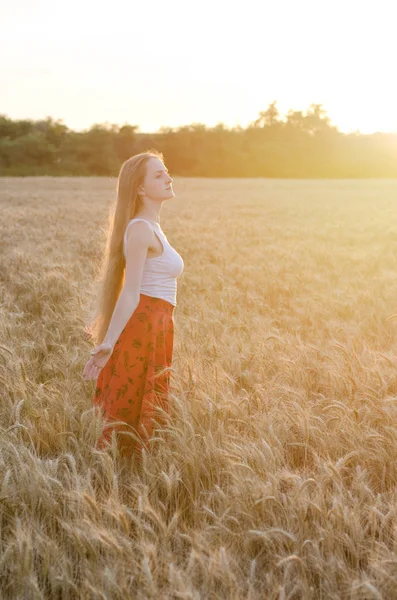 Mädchen im Weizenfeld im Sonnenuntergang die Arme ausgestreckt und die Natur genießen, Seitenblick — Stockfoto