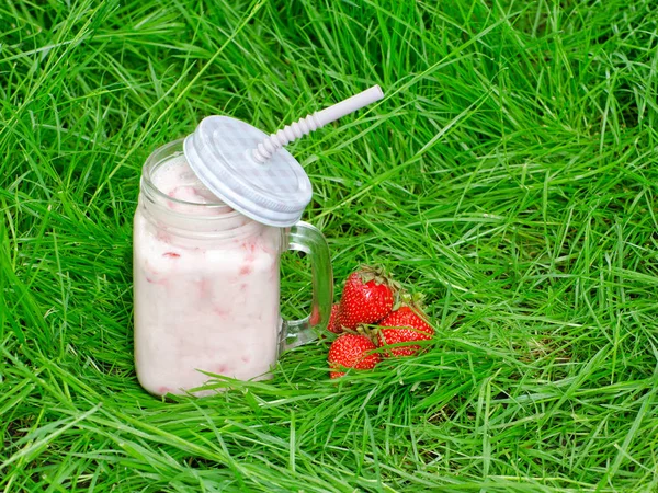 요구르트와 딸기 녹색 잔디, 공간 텍스트의 배경에 낯 짝 — 스톡 사진