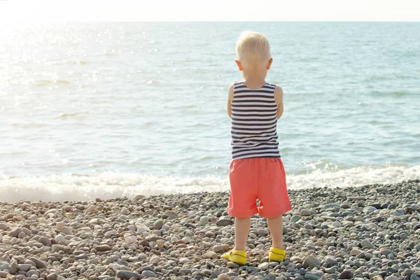 Boy Çizgili tişört içinde sahilde duran ve denize bakarak. Arkadan Görünüm