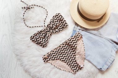 Beach kavramı. Hasır şapka, şort, mayo. Beyaz kürkü, görünümü top