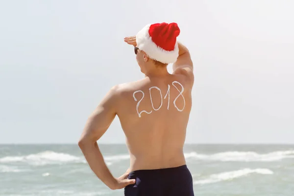 Mann mit Weihnachtsmütze mit der Aufschrift 2018 auf dem Rücken steht am Strand und blickt in die Ferne — Stockfoto
