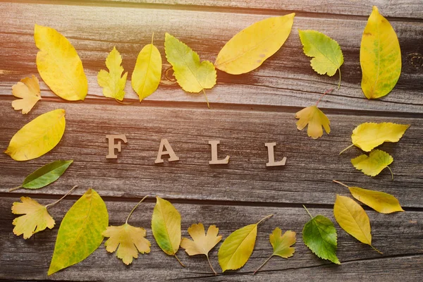 Inskriften faller på en trä bakgrund, ram av gula blad — Stockfoto