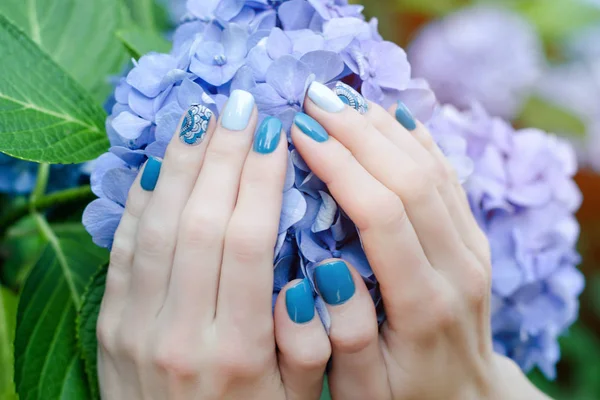 Female hands with a nice manicure on a blue flower — Stock Photo, Image