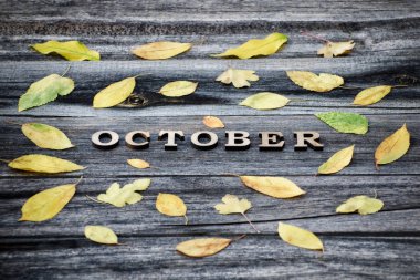 Yazıt. Ekim, ahşap harfler. Sarı yapraklar, ahşap arka plan çerçevesinde