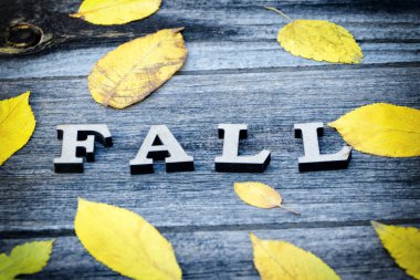 Word sonbahar ve ahşap bir zemin üzerine sarı yapraklar