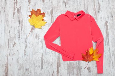 Pembe bluz ve akçaağaç yaprakları. Moda kavramı.