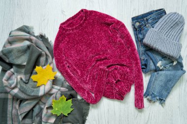 Ahududu kazak, eşarp, gri şapka ve kot pantolon. Moda kavramı