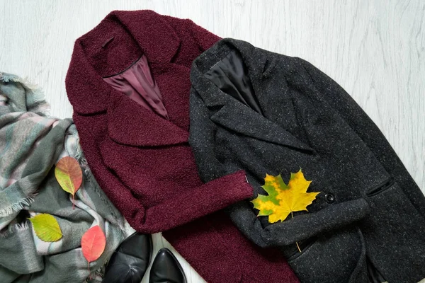 Bordeaux och grå rockar, halsduk, svarta skor och höstlöv. Fashionabla koncept — Stockfoto