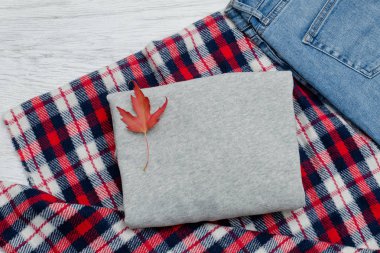 Gri kazak, ekose, kot pantolon ve sonbahar yaprakları. Moda kavramı