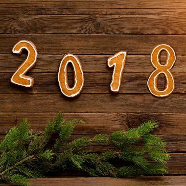 Yeni yıl kavramı. Şekil 2018 gingerbread, köknar dalı üzerinden