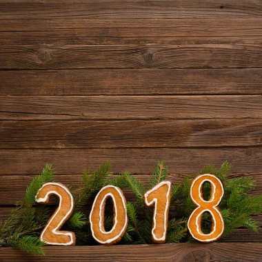 Yeni yıl kavramı. Şekil 2018 gingerbread, köknar dalı üzerinden