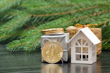 Ev, para Bitcoin ve hediyeler köknar dalı bir arka plan üzerinde beyaz