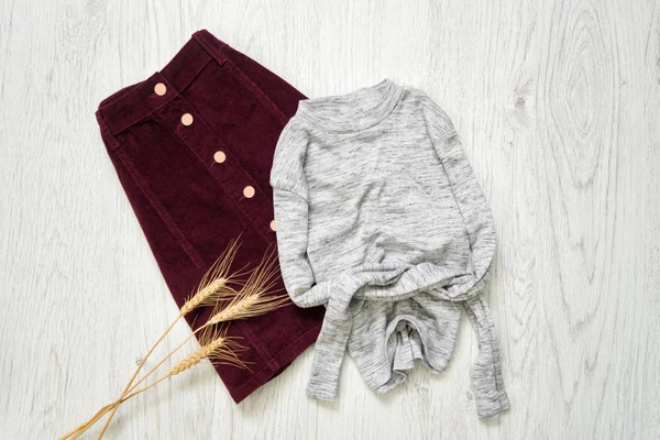 Jupe en daim bordeaux et pull gris. Concept tendance . — Photo